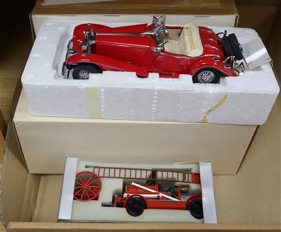 Three Franklin Mint precision models of Silver Ghost, Mercedes 500K and Jaguar SS100 and a Conrad model of a fire engine, 1025, all box